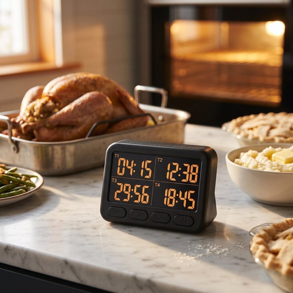 Four-channel kitchen timer counting down four dishes on a Thanksgiving counter beside a roast turkey, mashed potatoes and pie
